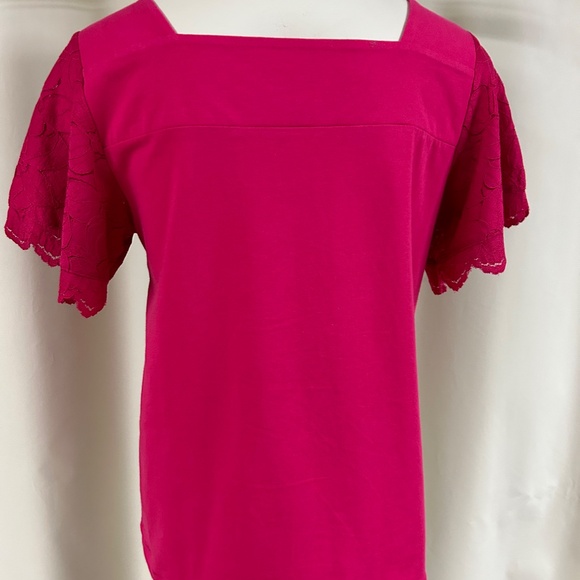 SOFT SURROUNDINGS HOT PINK SHORT LACE BELL SLEEVES SQUARE V-NECK TOP MEDIUM - Picture 7 of 9